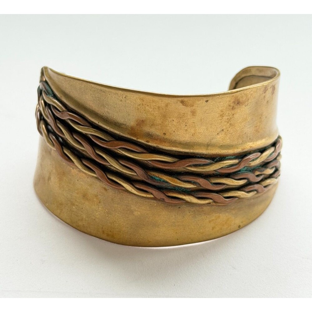 Vintage Made in India Brass  Mixed Metal Braided Wire Wide Cuff Bracelet